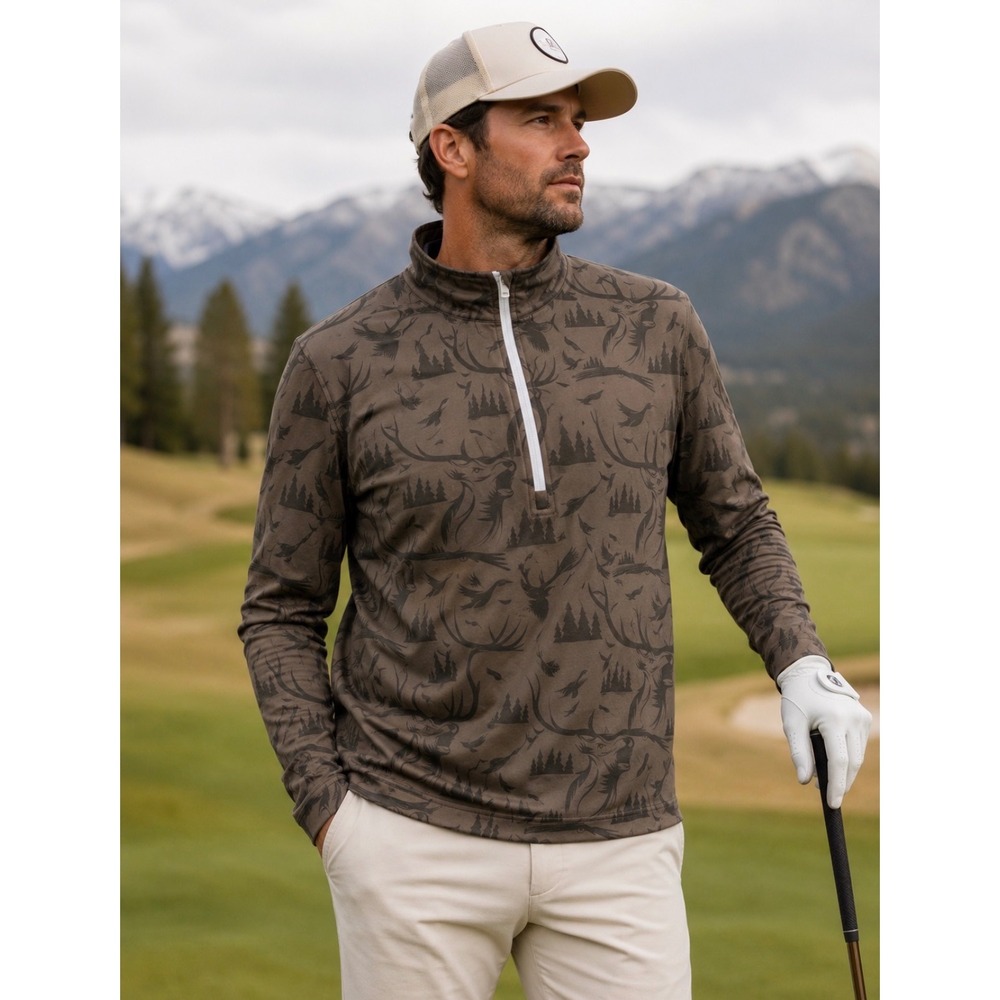 Waggle Golf Mens Brown Elk Duck Hunting Print Quarter Zip performance Pullover M